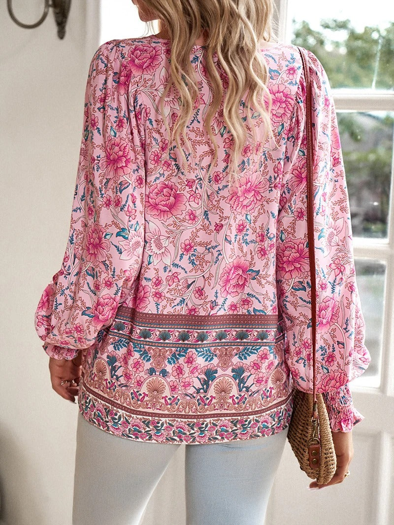Floral Cotton Blouse with V-Neck Tie Detail