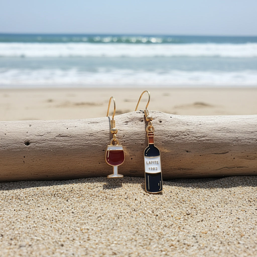 Asymmetric Wine Bottle and Glass Dangle Earrings