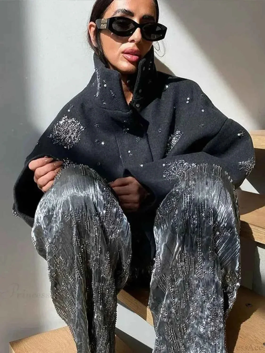 Brushed Coat with Pearl and Sequin Floral Embellishment Detail