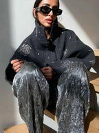 Brushed Coat with Pearl and Sequin Floral Embellishment Detail