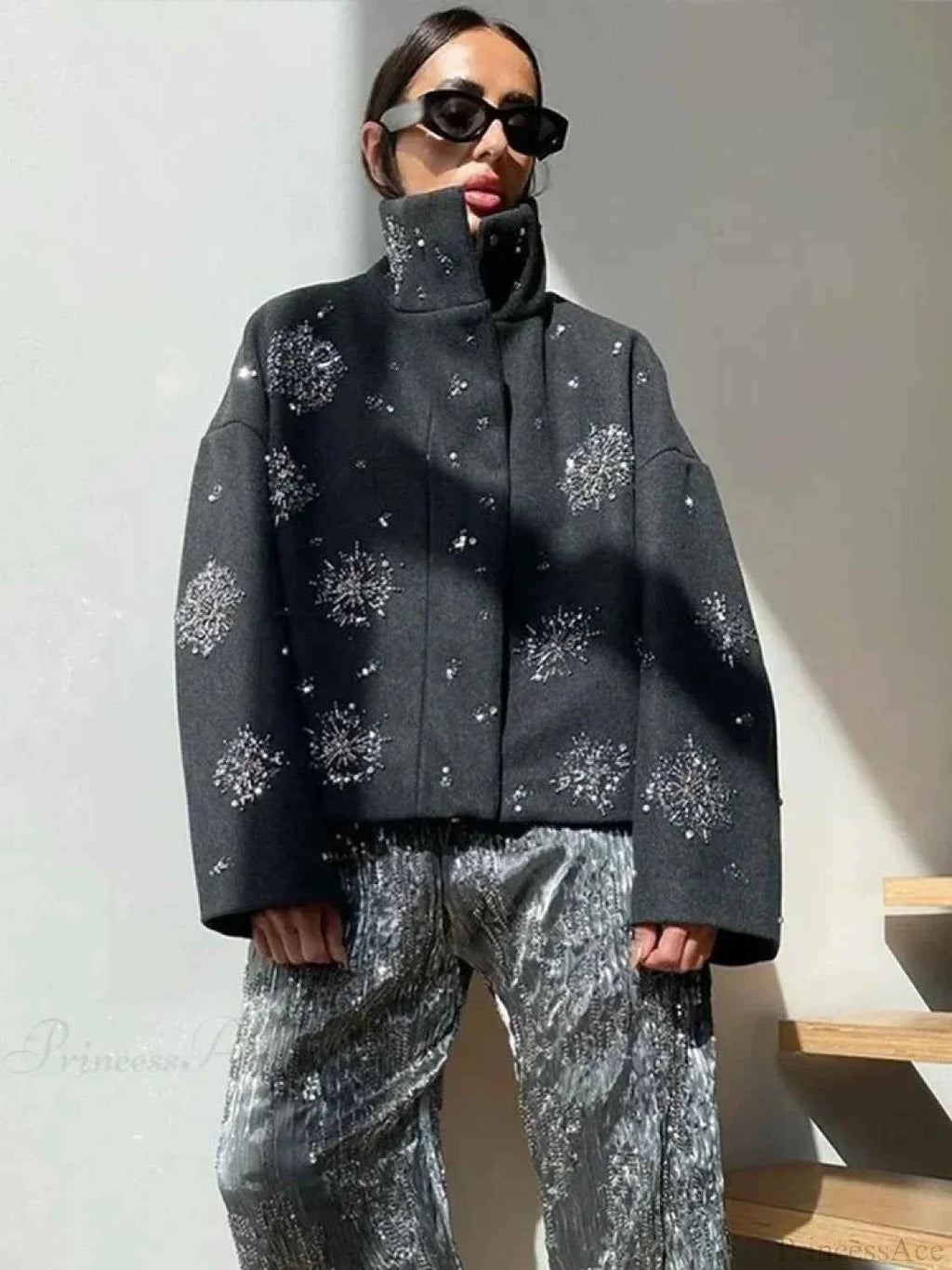 Brushed Coat with Pearl and Sequin Floral Embellishment Detail
