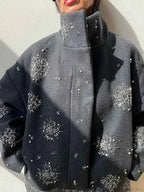 Brushed Coat with Pearl and Sequin Floral Embellishment Detail