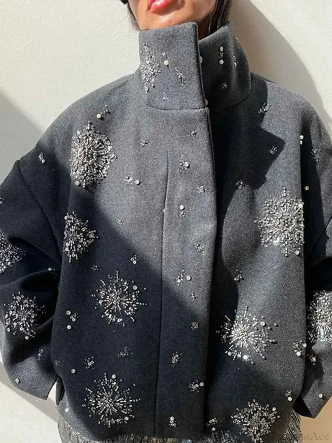 Brushed Coat with Pearl and Sequin Floral Embellishment Detail