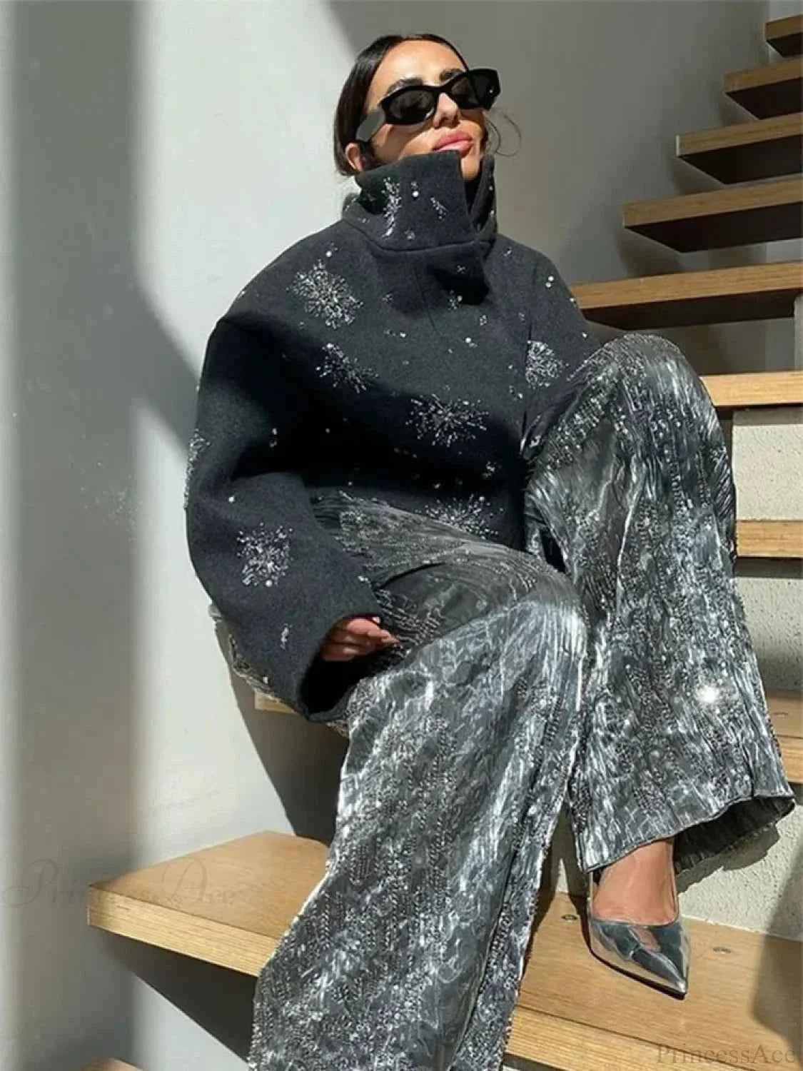 Brushed Coat with Pearl and Sequin Floral Embellishment Detail
