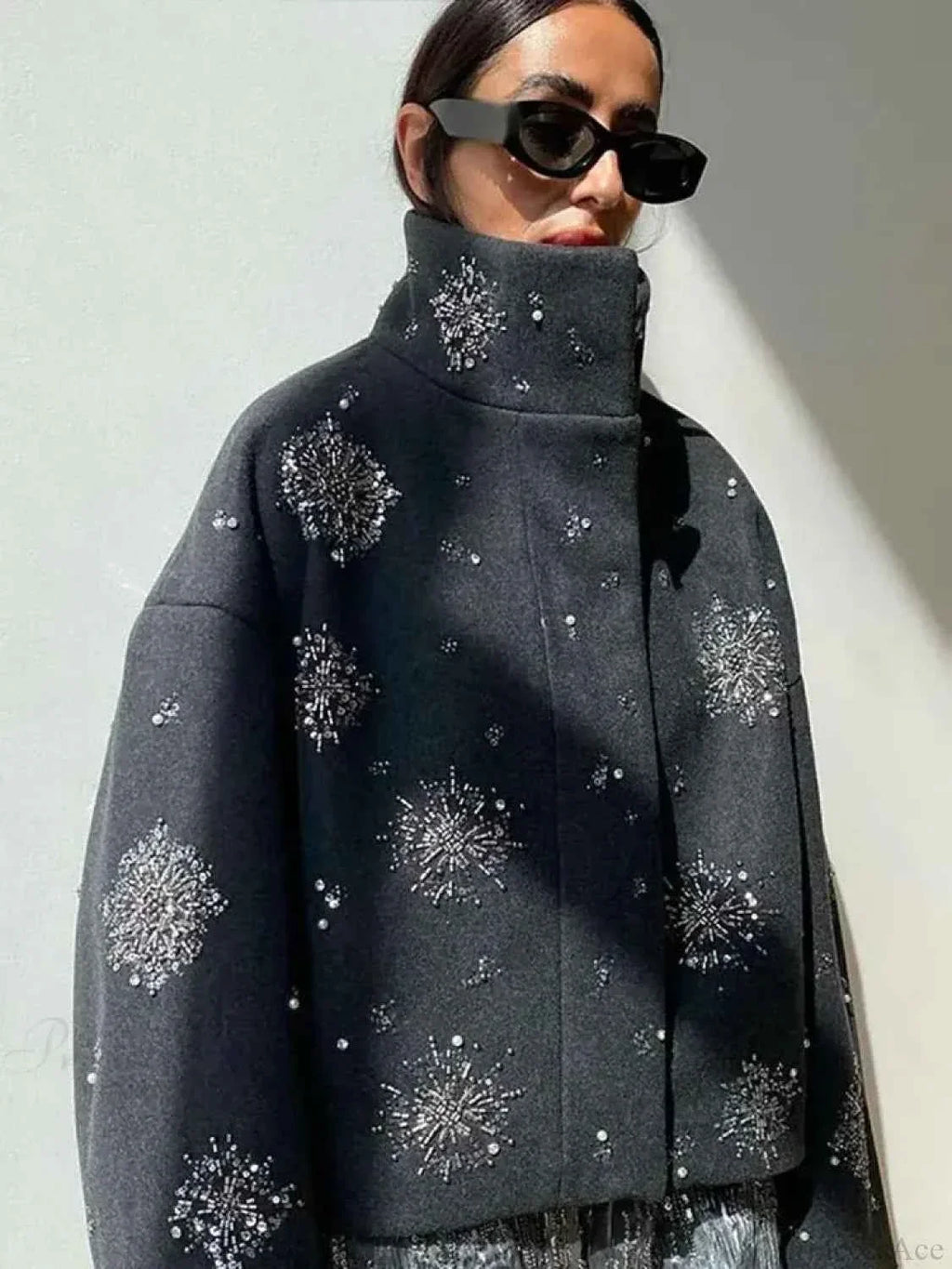 Brushed Coat with Pearl and Sequin Floral Embellishment Detail