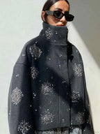 Brushed Coat with Pearl and Sequin Floral Embellishment Detail