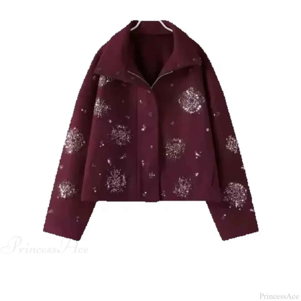Brushed Coat with Pearl and Sequin Floral Embellishment Detail