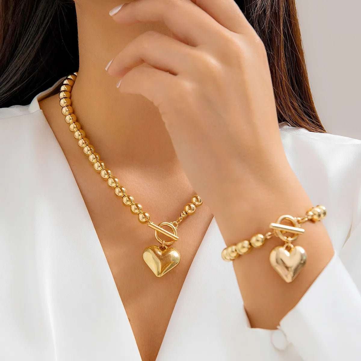 Two-Piece Beaded Heart Pendant Bracelet and Necklace Set