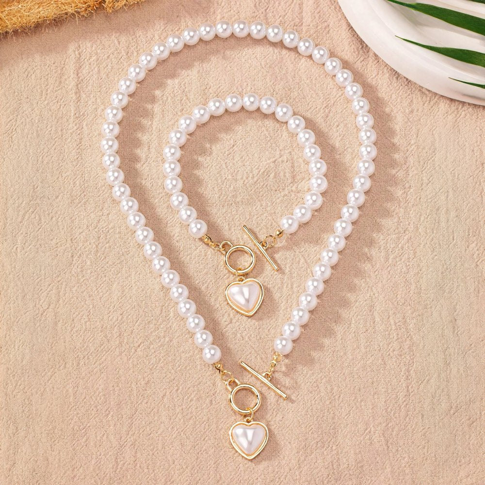Two-Piece Beaded Heart Pendant Bracelet and Necklace Set