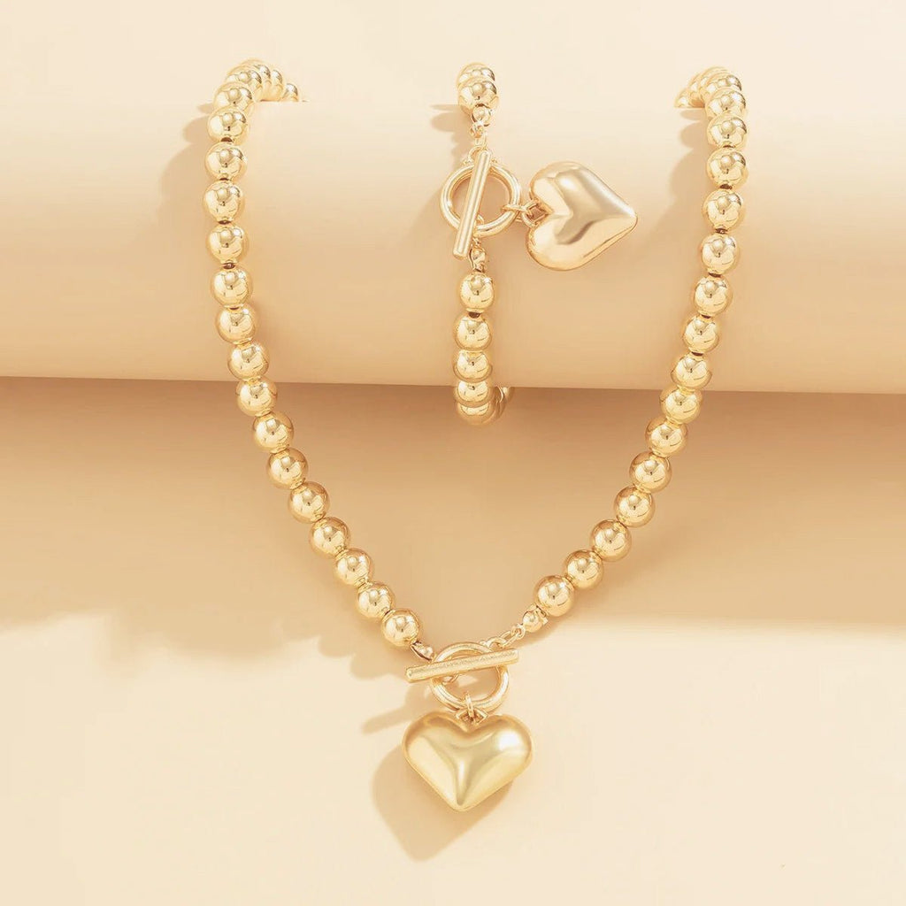 Two-Piece Beaded Heart Pendant Bracelet and Necklace Set