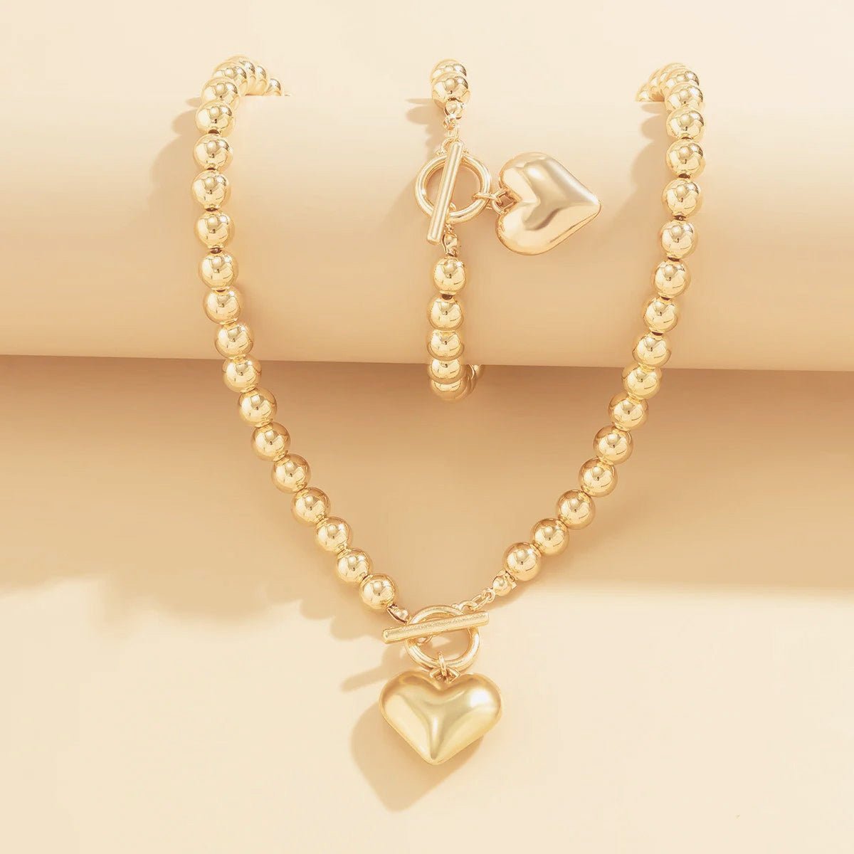 Two-Piece Beaded Heart Pendant Bracelet and Necklace Set