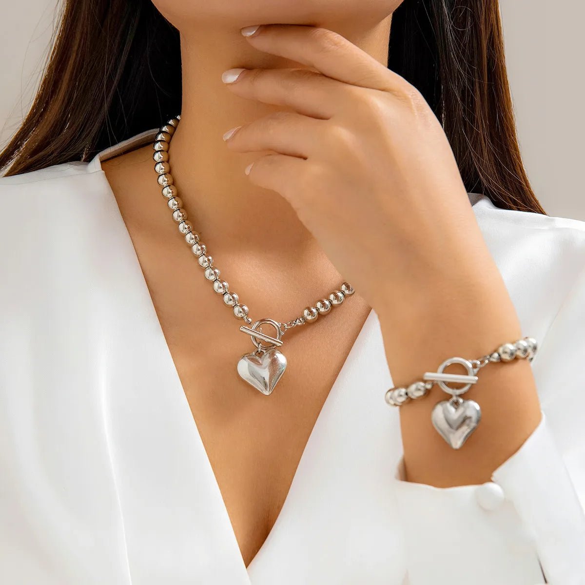 Two-Piece Beaded Heart Pendant Bracelet and Necklace Set