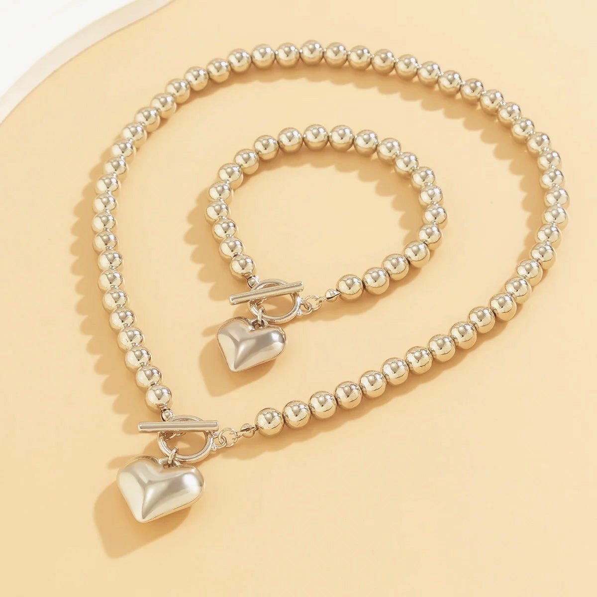 Two-Piece Beaded Heart Pendant Bracelet and Necklace Set