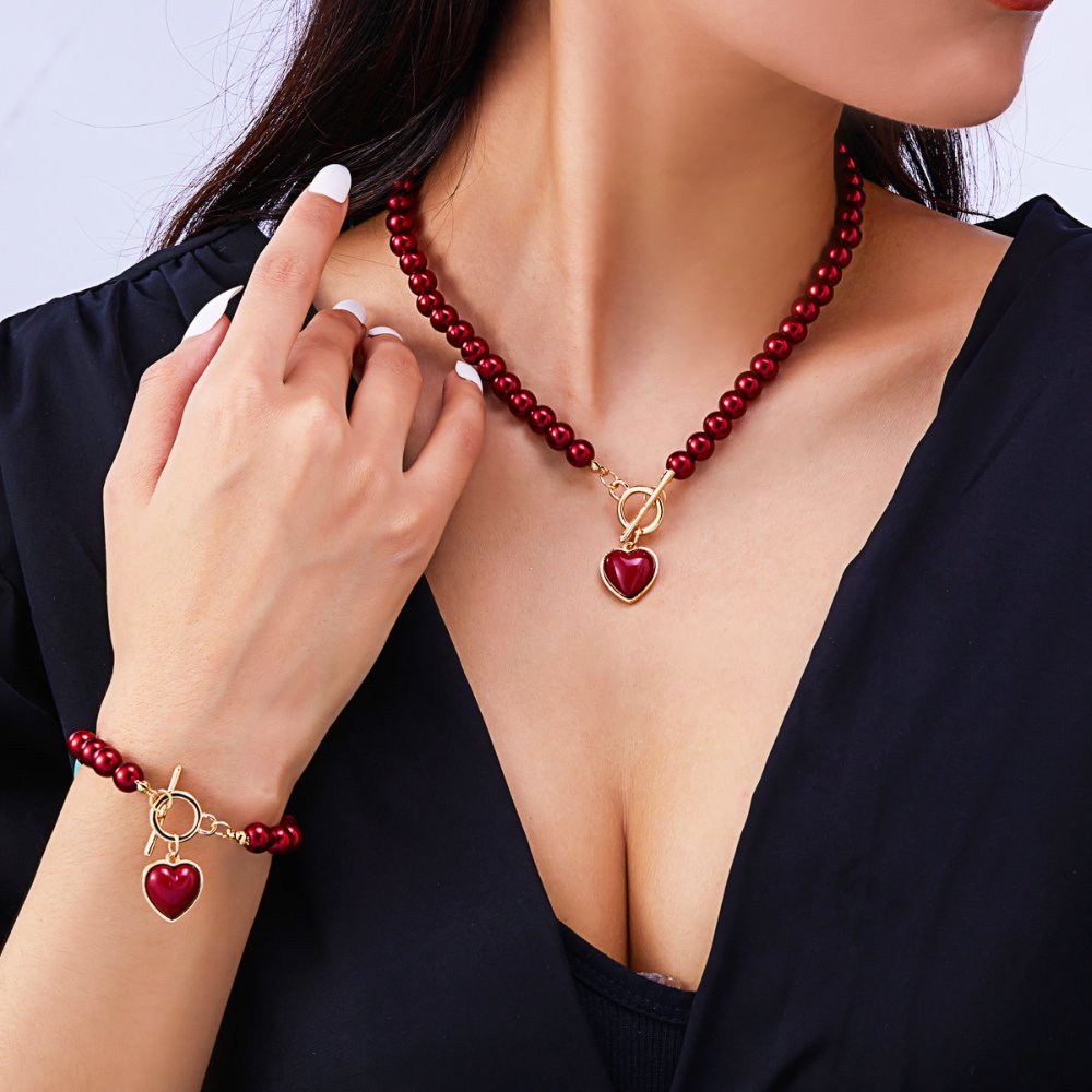Two-Piece Beaded Heart Pendant Bracelet and Necklace Set