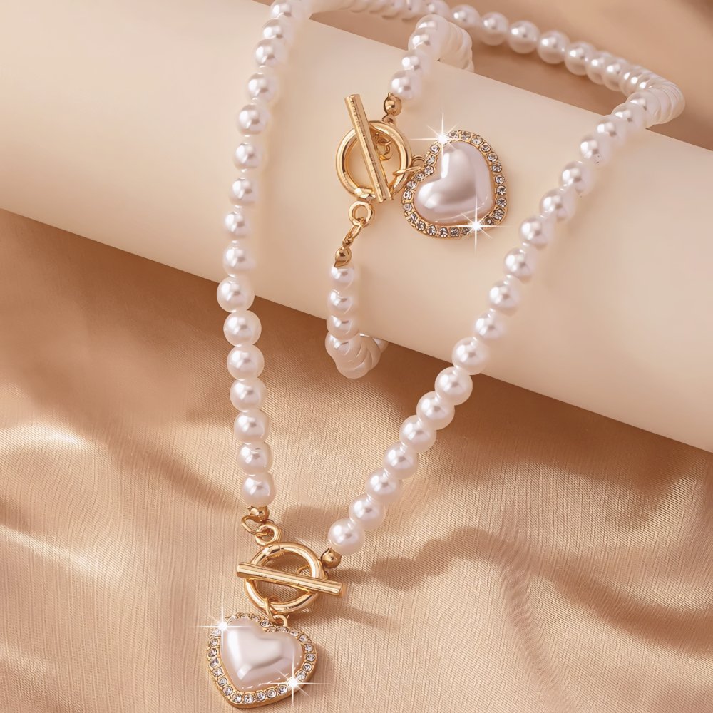 Two-Piece Beaded Heart Pendant Bracelet and Necklace Set