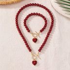 Two-Piece Beaded Heart Pendant Bracelet and Necklace Set