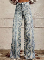 Broek met print, wijde pijpen, hoge taille en retro uitstraling