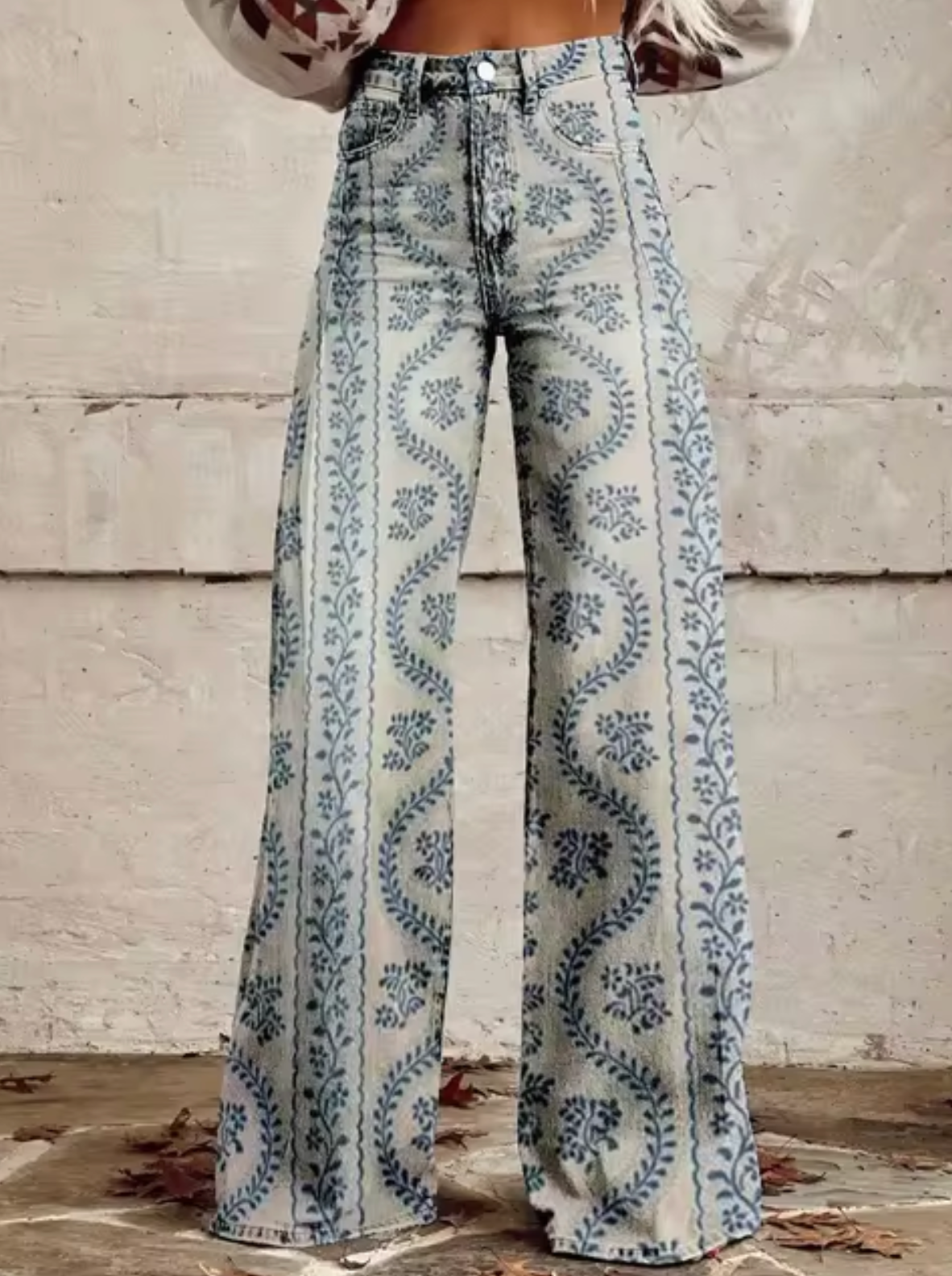 Broek met print, wijde pijpen, hoge taille en retro uitstraling