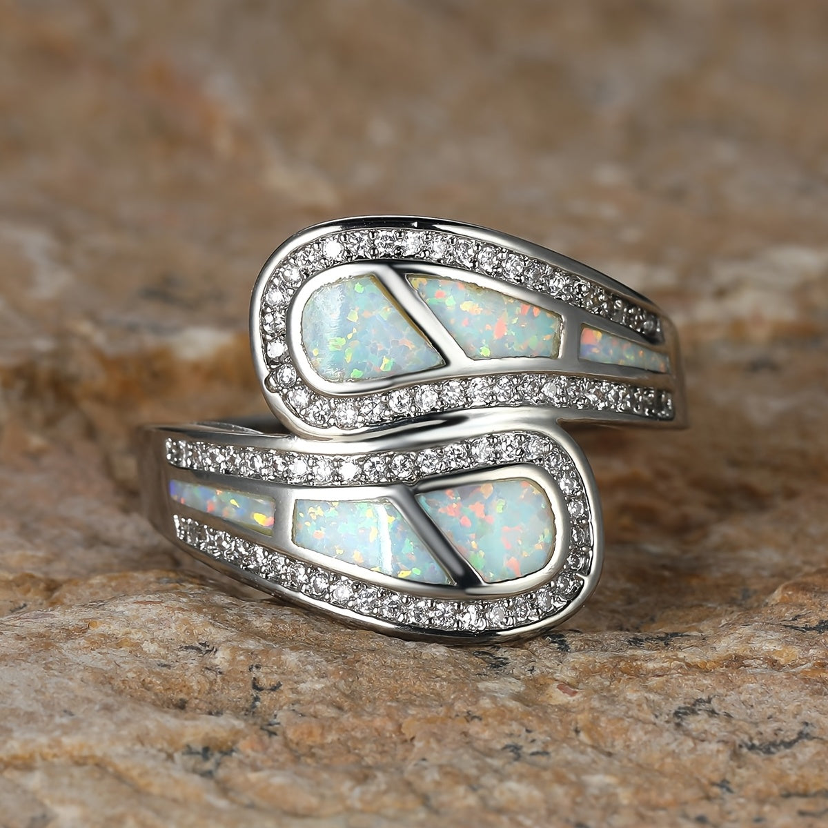 Vintage-Style Bohemian White Opal-Look Silver-Plated Ring
