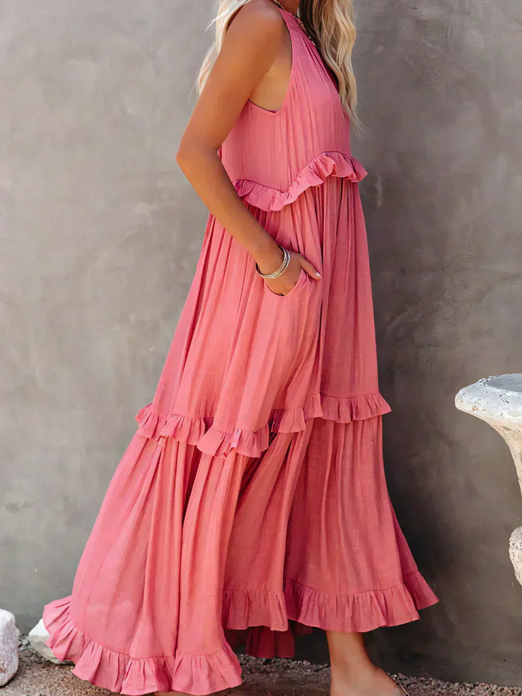 Sleeveless Halter Tiered Ruffle Maxi Dress