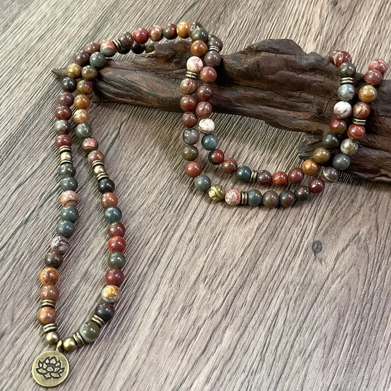 Lotus Charm Polychrome Jasper Multi-Layer Bracelet