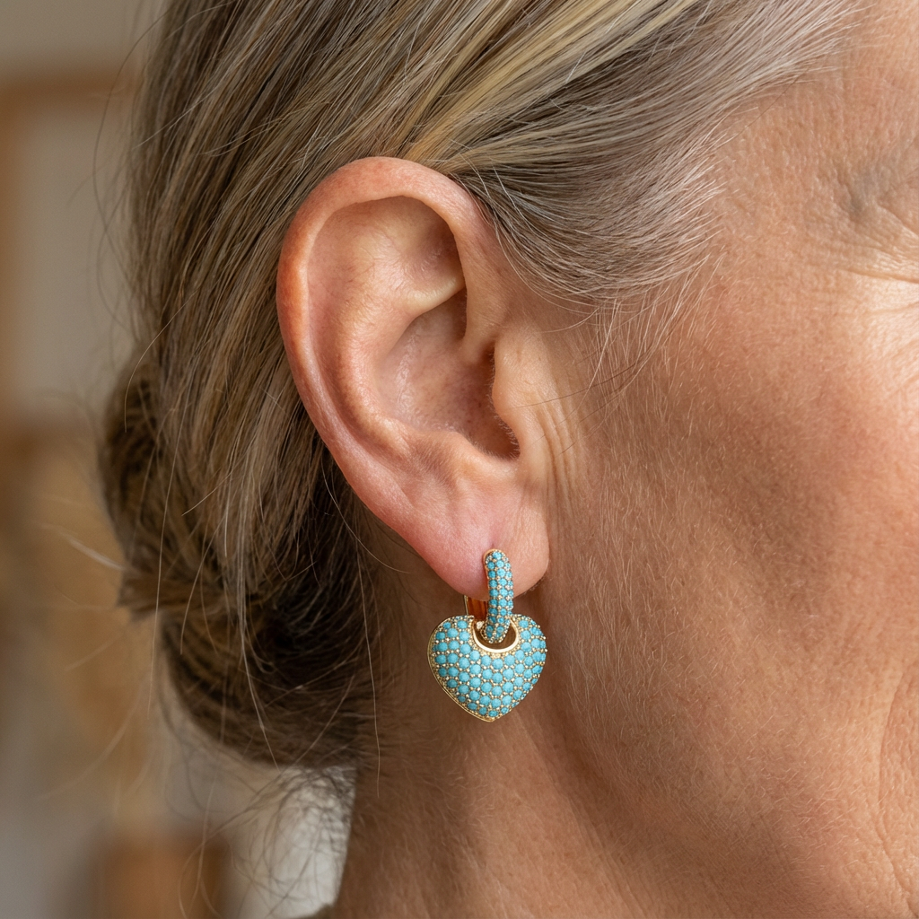 Turquoise-Look Pavé Heart Huggie Earrings