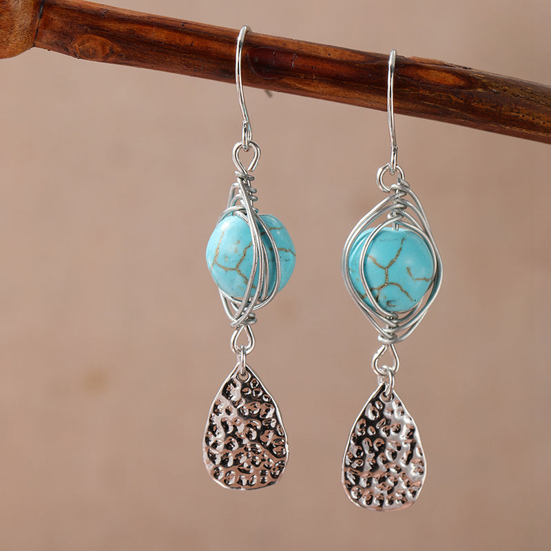 Retro Wire-Wrapped Turquoise Pendant Earrings