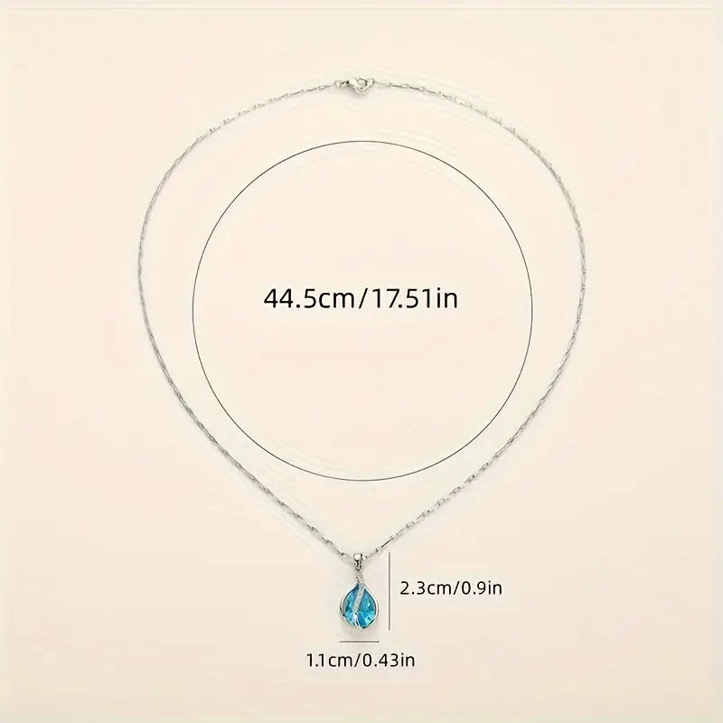 Blue Teardrop Stone Pendant Necklace in Silver Tone