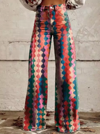 Broek met print, wijde pijpen, hoge taille en retro uitstraling