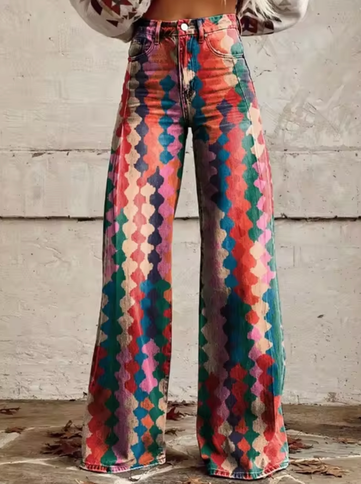 Broek met print, wijde pijpen, hoge taille en retro uitstraling