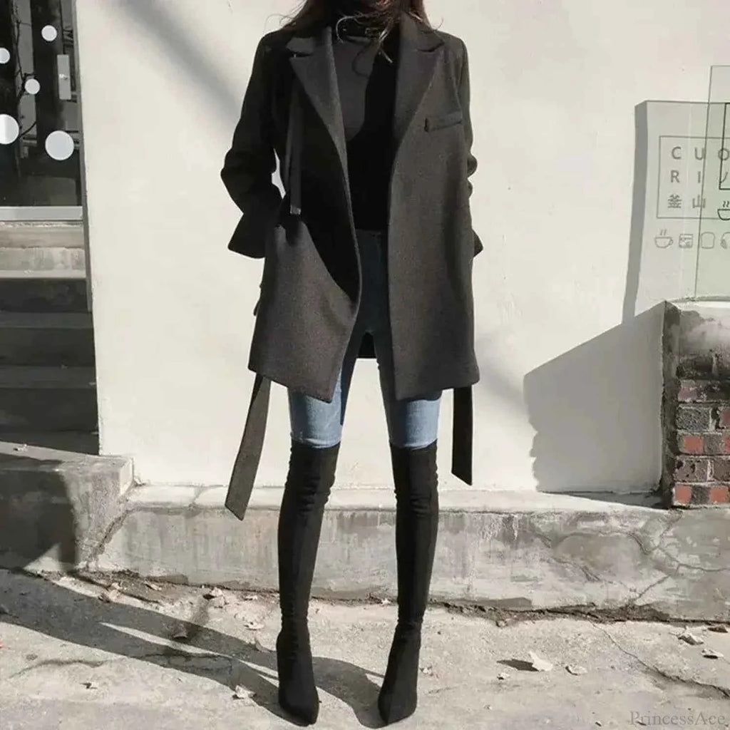 Extra-Long Brushed Blazer with a Lace-Up Tie Detail