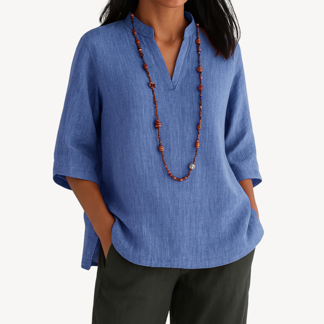 Linen Tunic Blouse with a V-Neck and 3/4 Sleeves