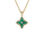 Emerald-Look Clover Pendant Necklace in Gold Tone
