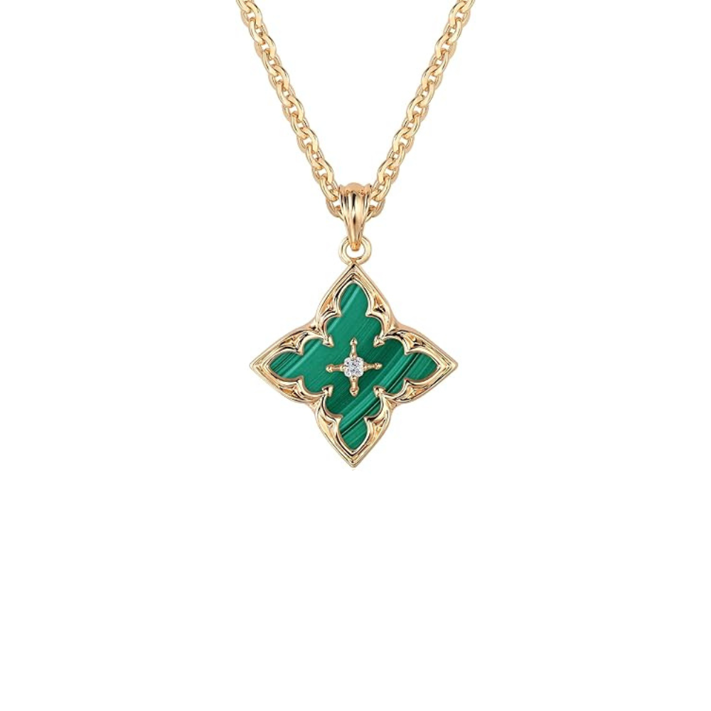Emerald-Look Clover Pendant Necklace in Gold Tone