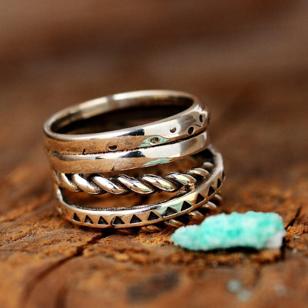 Bohemian Aztec Wide Band Silver-Tone Ring