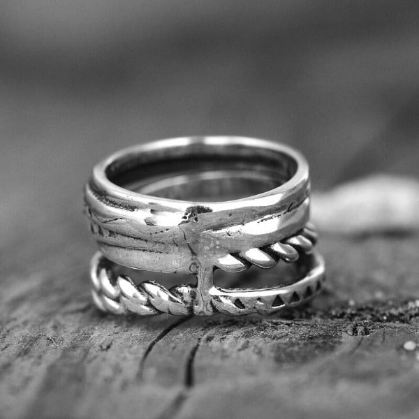 Bohemian Aztec Wide Band Silver-Tone Ring