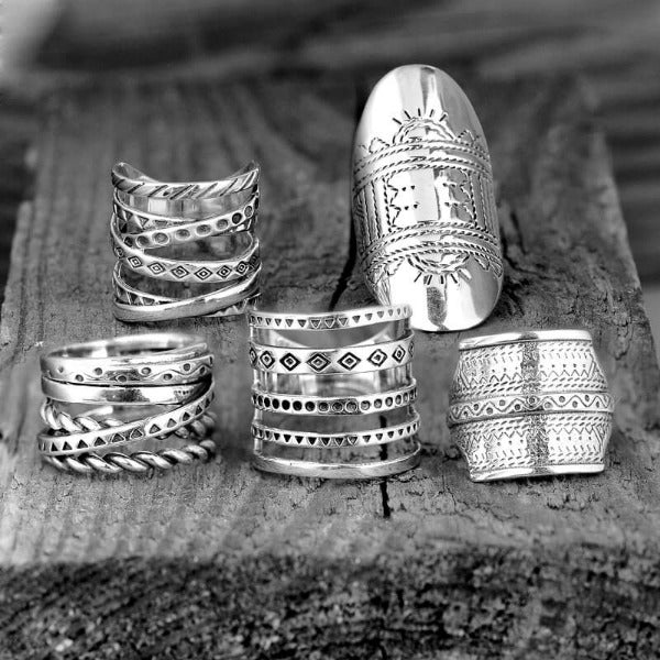 Bohemian Aztec Wide Band Silver-Tone Ring