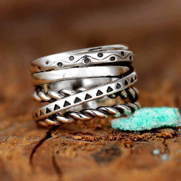 Bohemian Aztec Wide Band Silver-Tone Ring