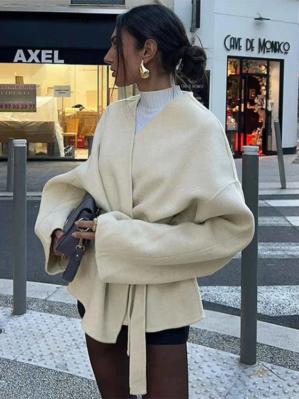 Open Front V Neck Coat with a Bow Collar and Waist Belt