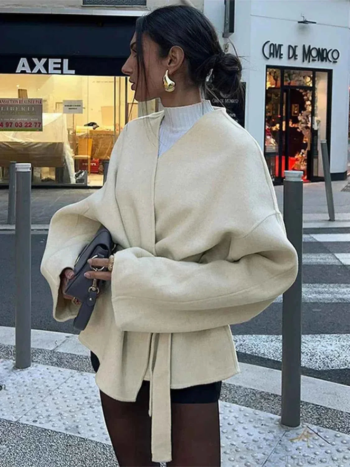 Open Front V Neck Coat with a Bow Collar and Waist Belt