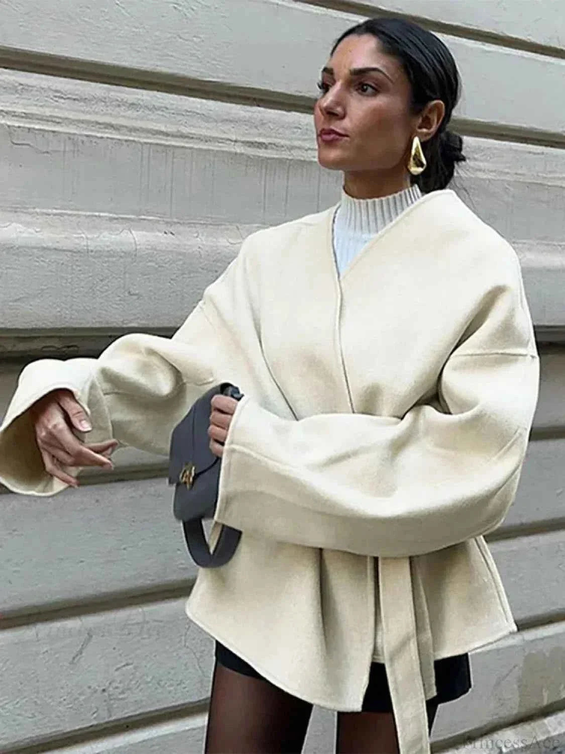 Open Front V Neck Coat with a Bow Collar and Waist Belt