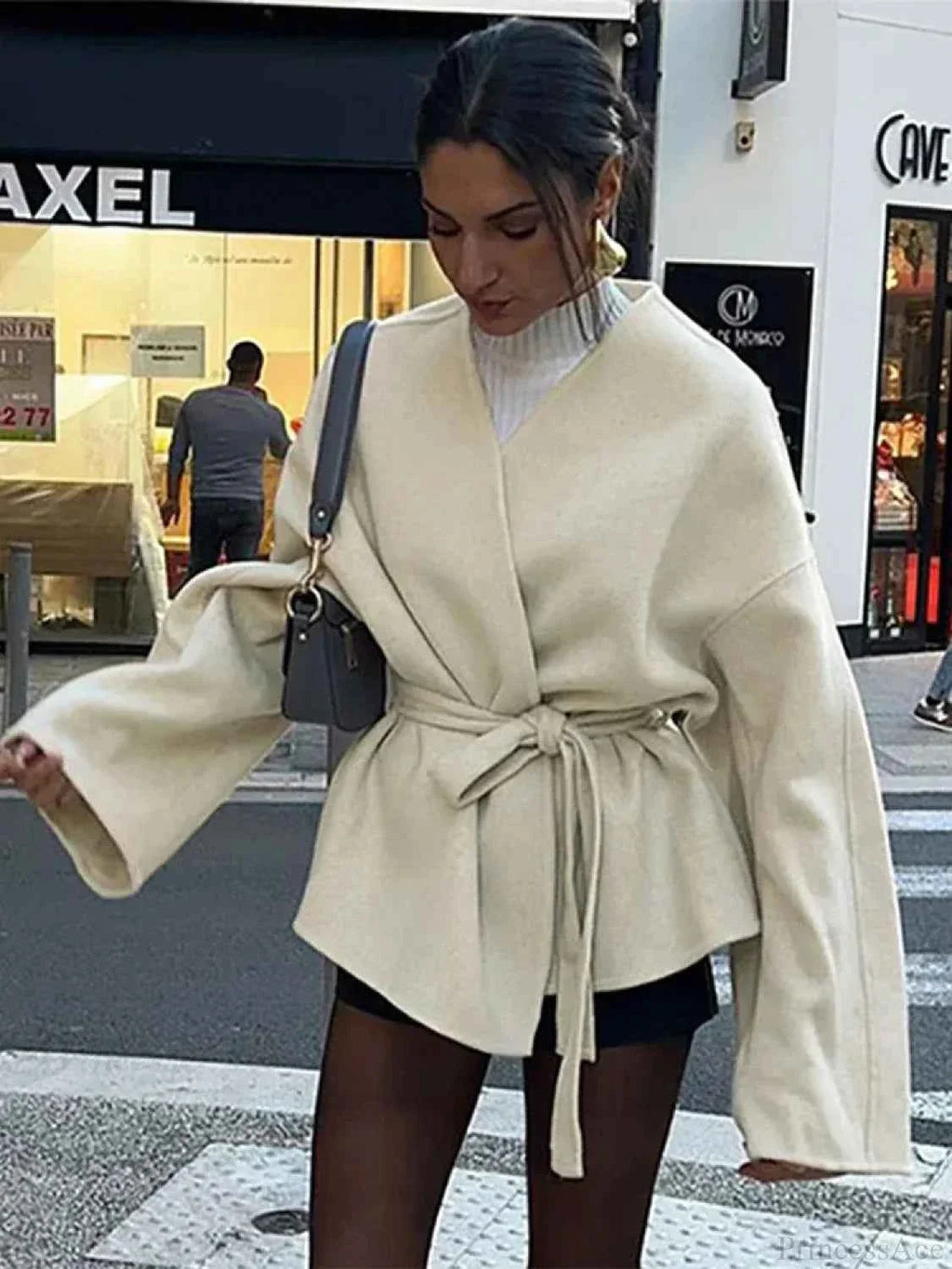 Open Front V Neck Coat with a Bow Collar and Waist Belt