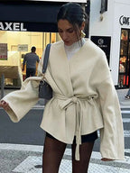 Open Front V Neck Coat with a Bow Collar and Waist Belt