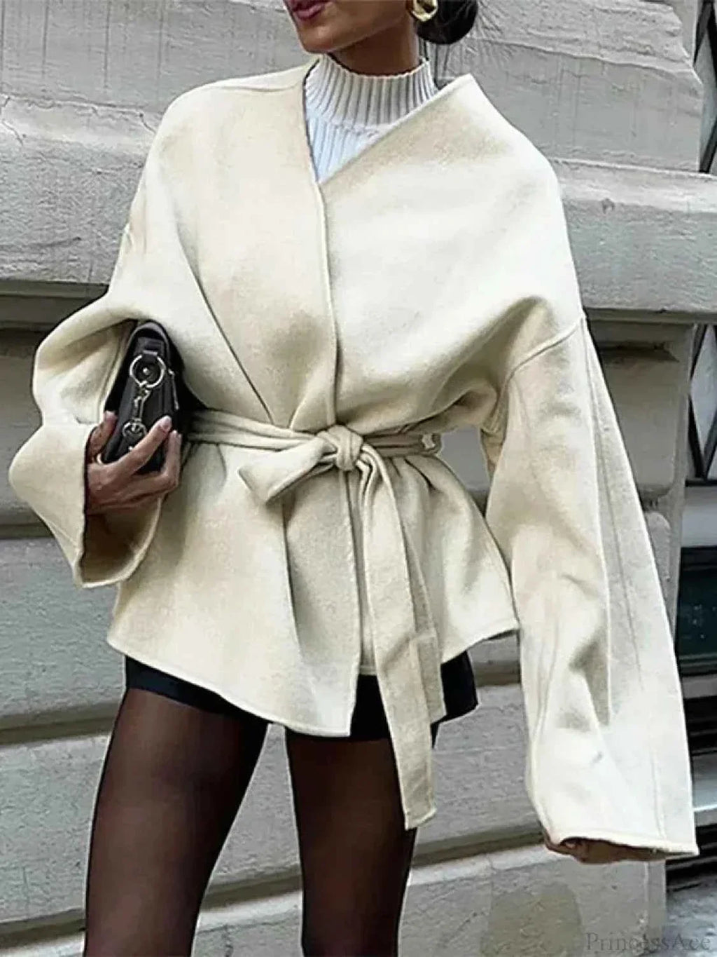Open Front V Neck Coat with a Bow Collar and Waist Belt