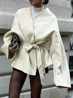 Open Front V Neck Coat with a Bow Collar and Waist Belt