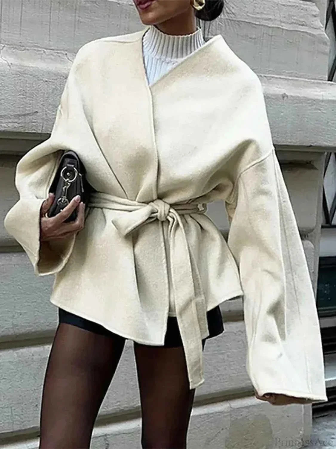 Open Front V Neck Coat with a Bow Collar and Waist Belt