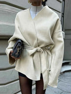 Open Front V Neck Coat with a Bow Collar and Waist Belt