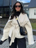 Open Front V Neck Coat with a Bow Collar and Waist Belt