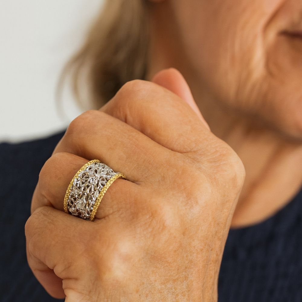 Gold-Tone Framed Band Ring with Zirconia Ivy Pattern