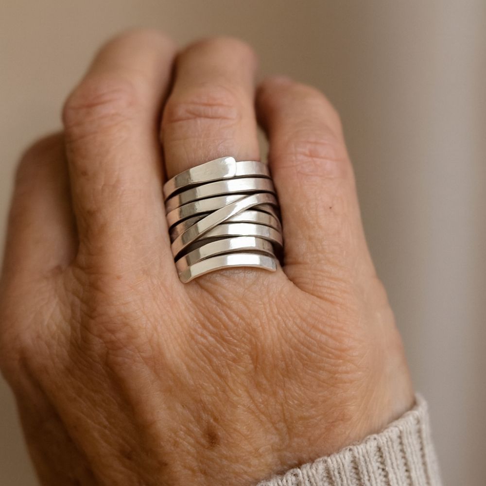 Thick Layered Silver-Tone Wrap Ring